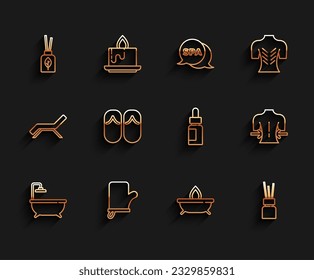 Set line Bathtub, Sauna mittens, Aroma diffuser, candle, Flip flops, Massage and Essential oil bottle icon. Vector