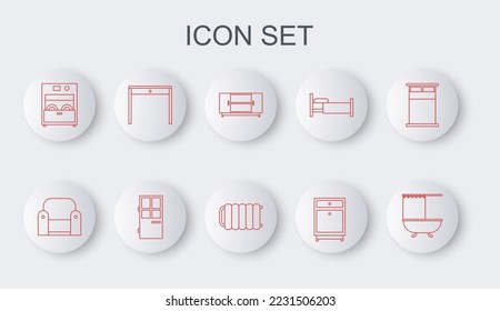 Set line Bathtub with shower curtain, Armchair, TV table stand, Furniture nightstand, Kitchen dishwasher machine, Wooden, Closed door and Heating radiator icon. Vector