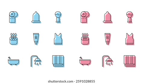 Set line Bathtub, Shower head, Toilet paper roll, Towel stack, Tube of toothpaste, Sleeveless T-shirt, Cotton swab for ears and Condom icon. Vector