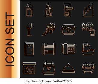 Set line Bathtub, Stars rating, Digital door lock, Tennis racket with ball, Table lamp, Please not disturb and Telephone handset icon. Vector