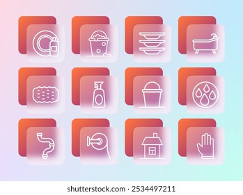 Set line Bathtub, Toilet paper roll, Bucket, House, Cleaning spray with detergent, Washing dishes, Dishwashing bottle and plate and foam bubbles icon. Vector