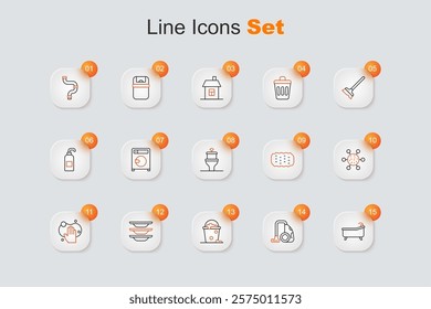 Set line Bathtub, Vacuum cleaner, Bucket with foam and bubbles, Washing dishes, Sponge, Bacteria,  and Toilet bowl icon. Vector