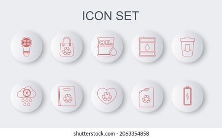 Set line Battery, Acid rain and radioactive cloud, Oil barrel, Eco fuel canister, Light bulb with world globe, Shopping bag recycle,  and friendly heart icon. Vector