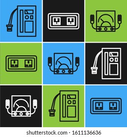 Set line Battery, Ampere meter, multimeter, voltmeter and Electrical outlet icon. Vector