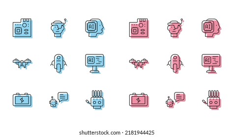 Set line Battery, Bot, Motherboard digital chip, Mechanical robot hand, Robot, Software, Drone and Smart glasses icon. Vector