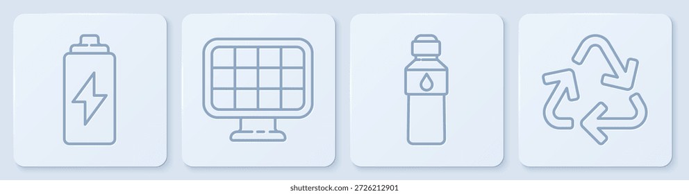 Set-Linie Batterie, Flasche Wasser, Solar-Panel und Recycling-Symbol. Weißer quadratischer Knopf. Vektorgrafik
