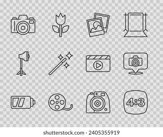 Set line Battery for camera, Photo frame 4, Film reel, retouching,  and  icon. Vector
