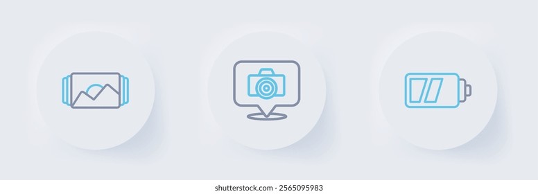 Set line Battery for camera, Photo and frame icon. Vector