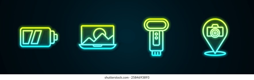 Set line Battery for camera, Photo retouching, flash and . Glowing neon icon. Vector