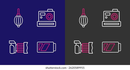 Set line Battery for camera, Photo,  and Dust blower icon. Vector