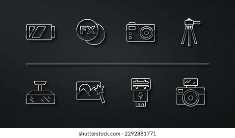 Set line Battery for camera, Softbox light, Tripod, Photo flash, retouching, fx, with and  icon. Vector