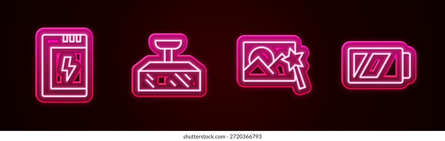 Set-Linie Batterie für Kamera, Softbox Licht, Foto Retusche und . Leuchtendes Neonsymbol. Vektorgrafik