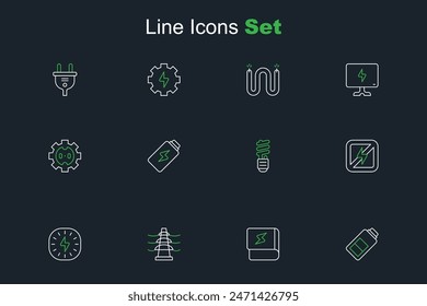 Set line Battery charge, Book about electricity, Electric tower line, Lightning bolt, No lightning, LED bulb,  and Electrical outlet icon. Vector