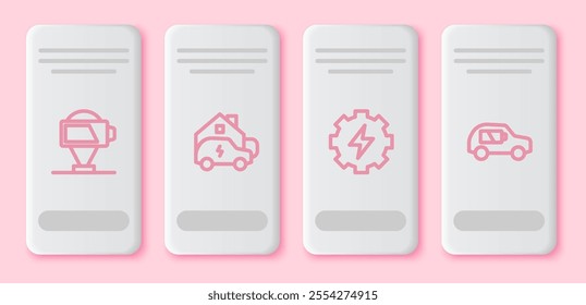 Set line Battery charge, Charging car home, Gear and lightning and Electric. White rectangle button. Vector
