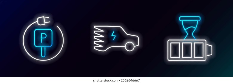 Set line Battery charge, Charging parking electric car and Electric icon. Glowing neon. Vector