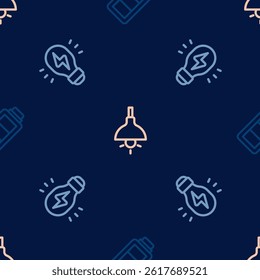 Set line Battery charge, Creative lamp light idea and Lamp hanging on seamless pattern. Vector