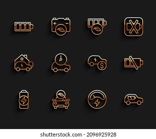 Set line Battery charge, Eco car, Voltmeter, Electric, Low battery and price icon. Vector
