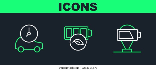 Fijar la carga de la batería, el coche eléctrico y el icono de la batería de hoja ecológica. Vector