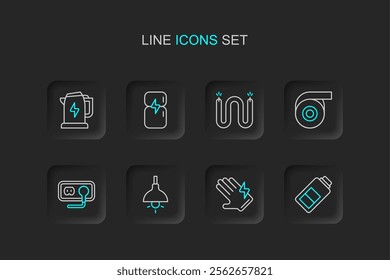 Set line Battery charge, Electric glove, Lamp hanging, Electrical outlet, Roll adhesive tape, cable, Refrigerator and kettle icon. Vector