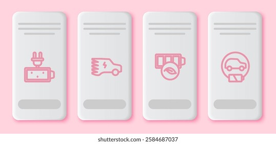 Set line Battery charge, Electric car, Eco nature leaf battery and . White rectangle button. Vector