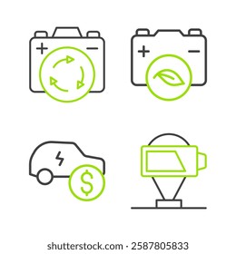 Set line Battery charge, Electric car price, Eco nature leaf battery and with recycle symbol icon. Vector