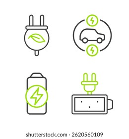 Recargo de la batería, coche eléctrico y ahorro de enchufe en el icono de la hoja. Vector