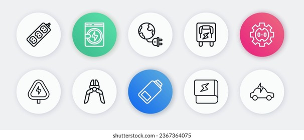 Set line Battery charge, Electrical outlet, High voltage, Book about electricity, panel, Global energy planet with plug, car and Pliers tool icon. Vector