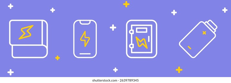 Set line Battery charge, Electrical panel, Mobile phone and Book about electricity icon. Vector