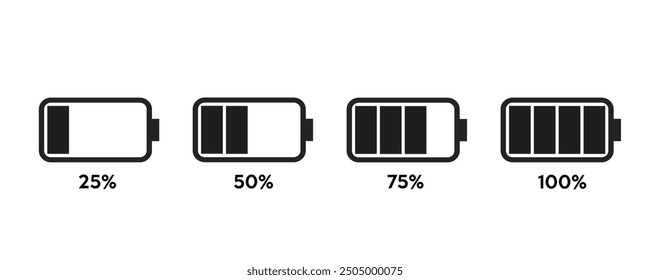 Set of line battery charge indicators with percent isolated on white background.	