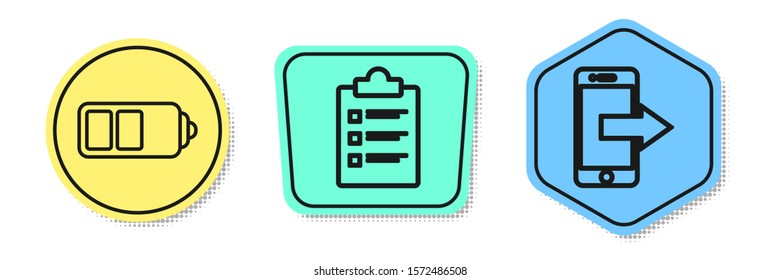 Set line Battery charge level indicator, Clipboard with checklist and Smartphone, mobile phone. Colored shapes. Vector