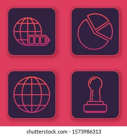 Set line Battery charge level indicator with earth globe, Earth globe, Pie chart infographic and Stamp. Blue square button. Vector
