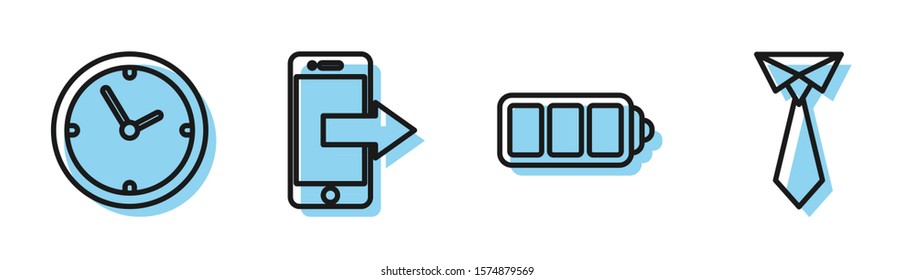 Set line Battery charge level indicator, Clock, Smartphone, mobile phone and Tie icon. Vector