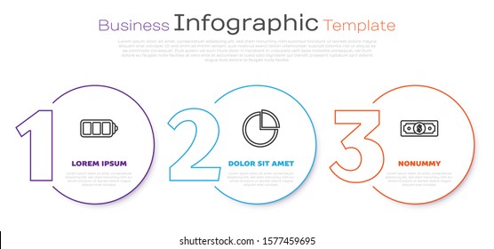 Set line Battery charge level indicator, Pie chart infographic and Stacks paper money cash. Business infographic template. Vector