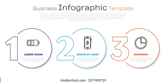 Set line Battery charge level indicator, Smartphone with dollar symbol and Pie chart infographic. Business infographic template. Vector