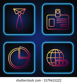 Set line Battery charge level indicator with earth globe, Pie chart infographic, Tie and Identification badge. Gradient color icons. Vector