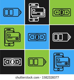 Set line Battery charge level indicator, Stacks paper money cash and Mobile phone and credit card icon. Vector