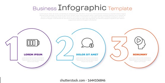 Establecer línea Indicador de nivel de carga de batería, Chat de burbuja de voz y Personas de la cabeza con botón de juego. Plantilla de infografía empresarial. Vector