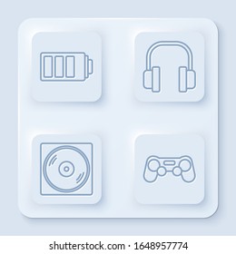Set line Battery charge level indicator, Headphones, Vinyl disk and Gamepad. White square button. Vector