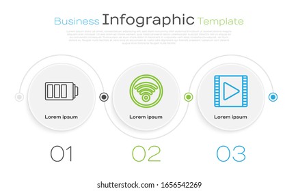 Set line Battery charge level indicator, Wi-Fi wireless internet network and Play Video. Business infographic template. Vector