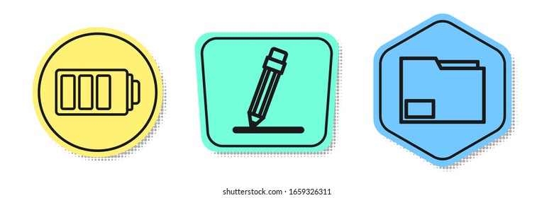 Set line Battery charge level indicator, Pencil with eraser and Document folder. Colored shapes. Vector