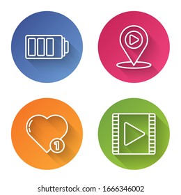 Set line Battery charge level indicator, Digital media play with location, Like and heart and Play Video. Color circle button. Vector