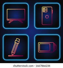 Establecer línea Indicador de nivel de carga de batería, Lápiz con borrador, Smart Tv y Smartphone, teléfono móvil. Iconos de color degradado. Vector