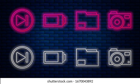 Set line Battery charge level indicator, Document folder, Fast forward and Photo camera. Glowing neon icon on brick wall. Vector