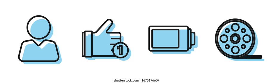 Set line Battery charge level indicator, Add to friend, Hand like and Film reel icon. Vector