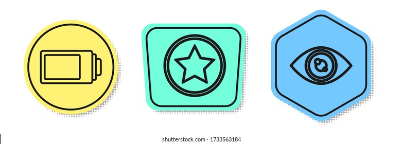 Set line Battery charge level indicator, Star and Eye. Colored shapes. Vector