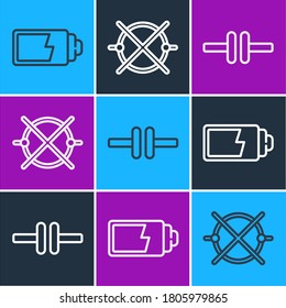 Set line Battery charge level indicator, Electric circuit scheme and Electric circuit scheme icon. Vector