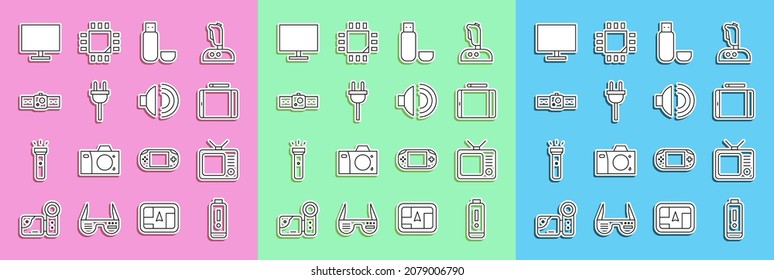 Set Line Battery Charge Level Indicator, Retro Tv, Graphic Tablet, USB Flash Drive, Electric Plug, Smartwatch, Computer Monitor Screen And Speaker Volume Icon. Vector