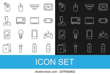 Set line Battery charge level indicator, Gamepad, Portable video game console, Motion sensor, Microwave oven, Joystick for arcade machine, Wireless computer mouse and Laptop icon. Vector