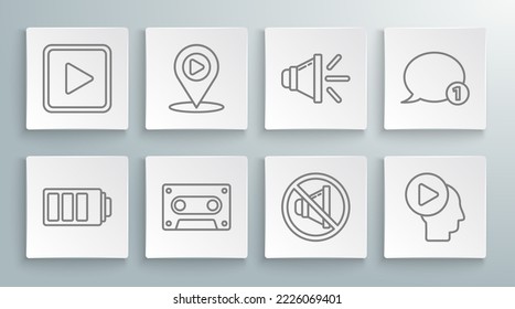 Set line Battery charge level indicator, Digital media play with location, Retro audio cassette tape, Speaker mute, Head people button, volume, Speech bubble chat and Play square icon. Vector