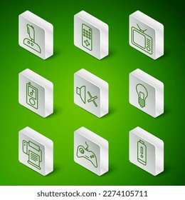 Set line Battery charge level indicator, Gamepad, Joystick for arcade machine, Speaker mute, Music player, Remote control, Printer and Light bulb with concept of idea icon. Vector